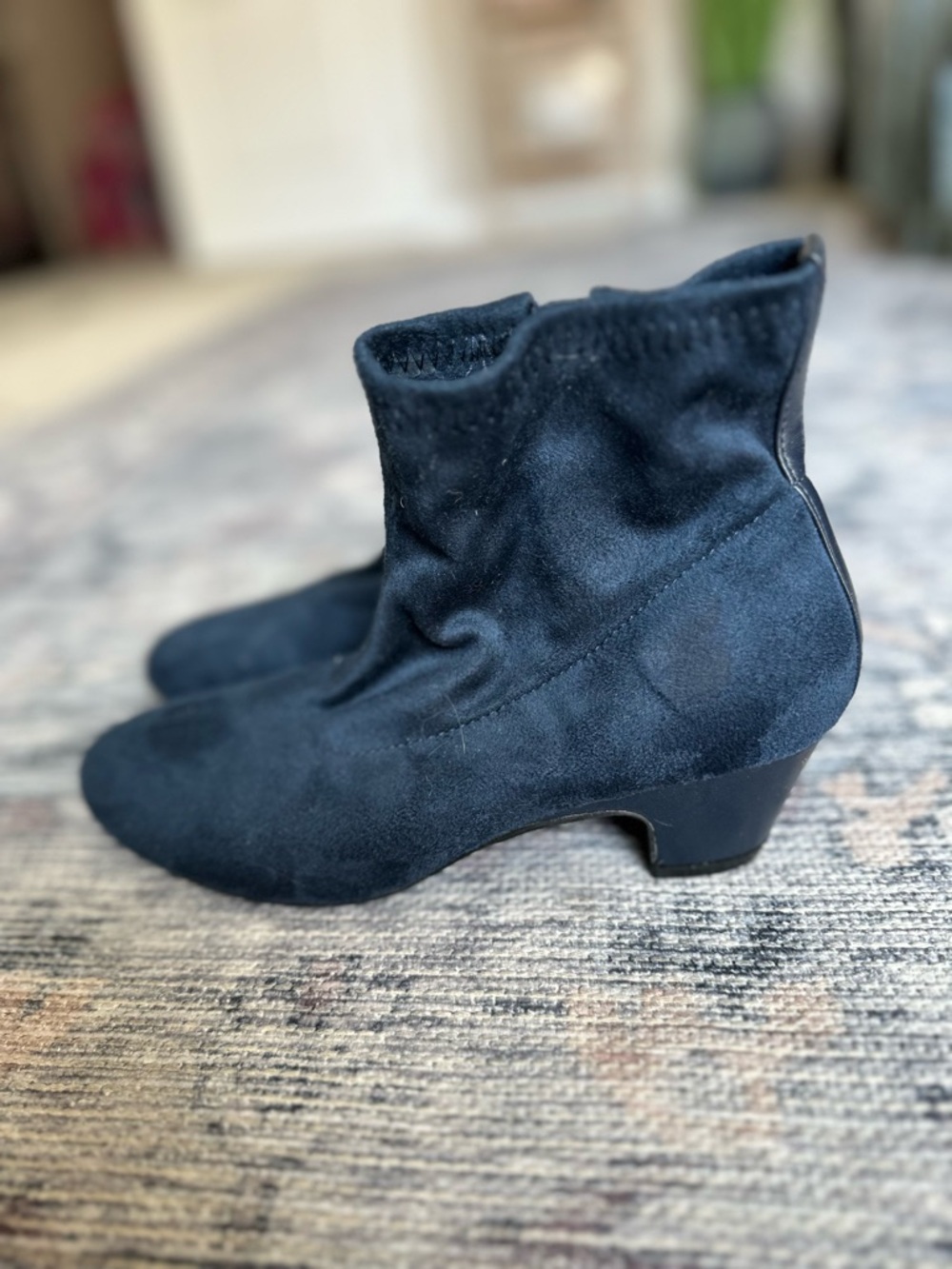 Women's Navy Blue Suede Ankle Booties with Low Block Heel